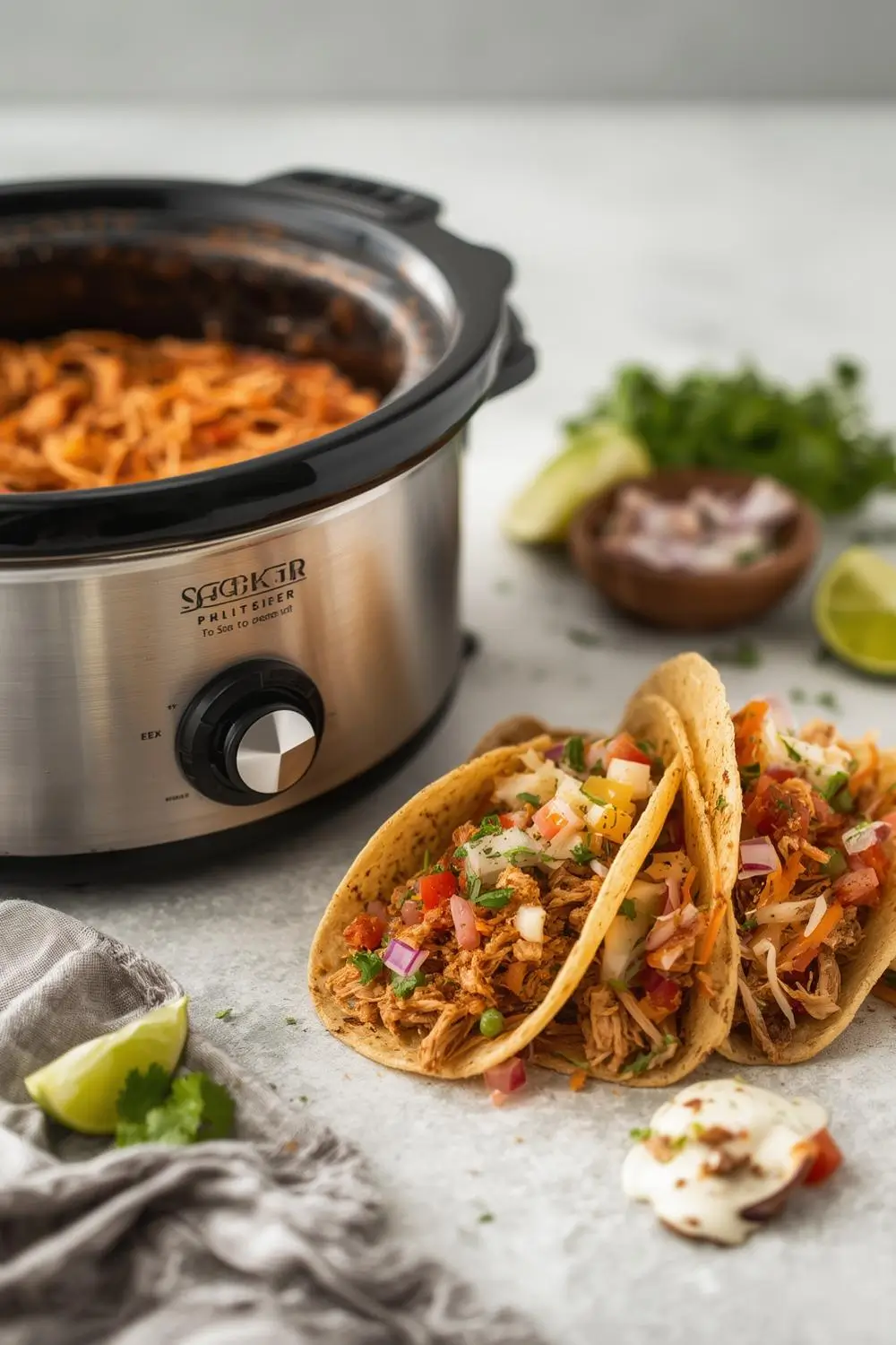 Slow cooker full of shredded salsa chicken next to assembled tacos with fresh toppings on corn tortillas
