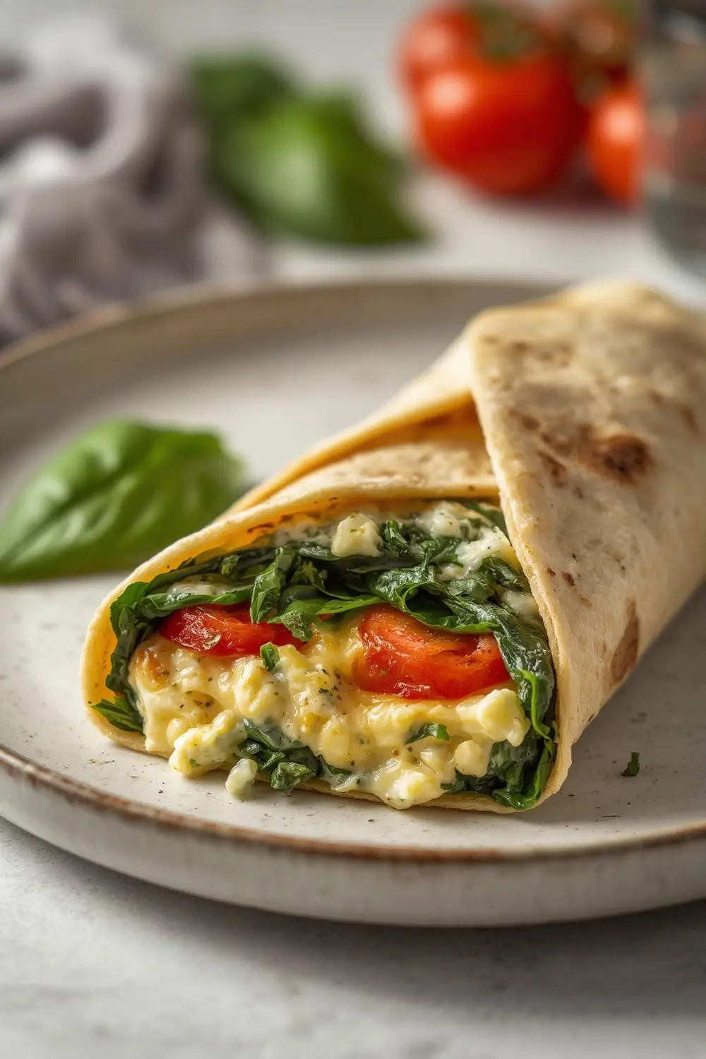 Quick Spinach Tomato Egg Breakfast Wrap