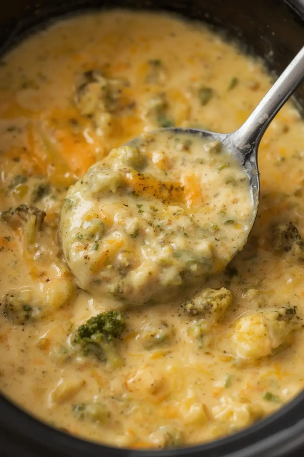 Creamy broccoli cheddar soup simmering in a slow cooker with melted cheese and fresh broccoli florets visible.