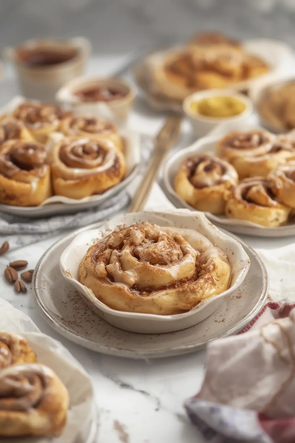 Pull apart cinnamon rolls arranged on a brunch table ready to serve.