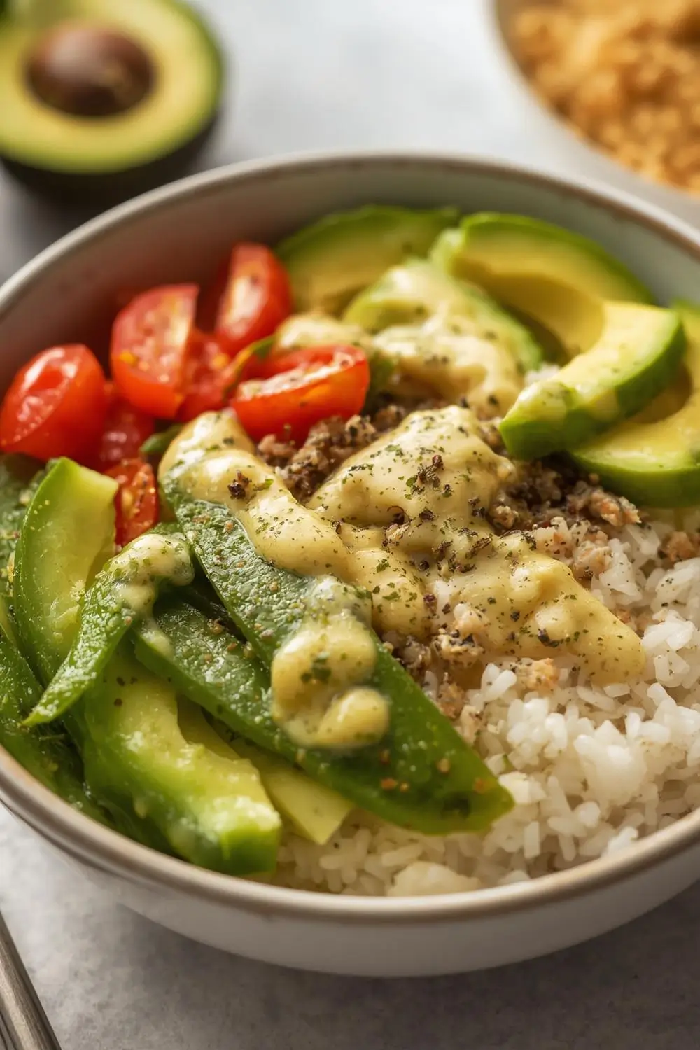 Spring Veggie Rice Bowl with Lemon Dressing